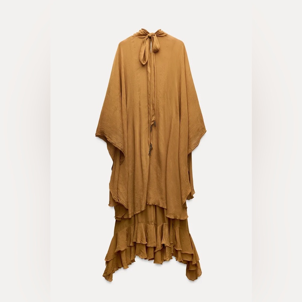 Zara dress maxi cape mustard yellow flowy kimono kaftan boho summer - Picture 6 of 11